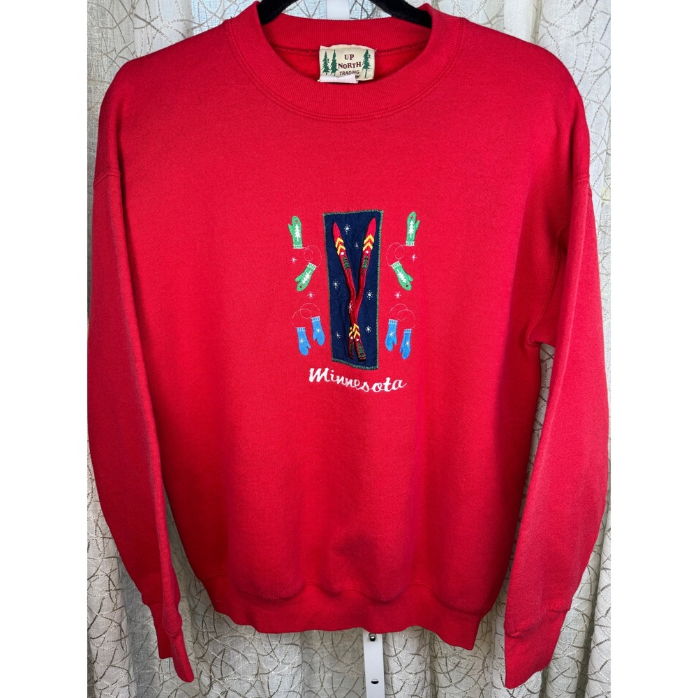 Vintage 90s Up North Trading Company Minnesota Ski Mittens Sweatshirt Red Unisex